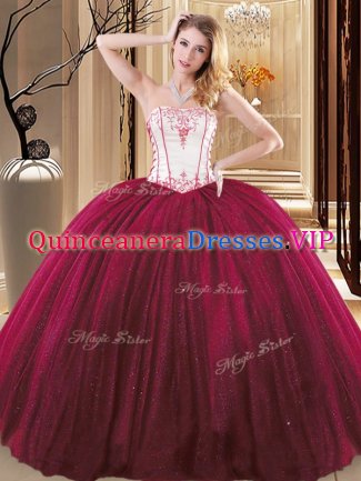 Captivating Wine Red Tulle and Sequined Lace Up 15 Quinceanera Dress Sleeveless Floor Length Embroidery