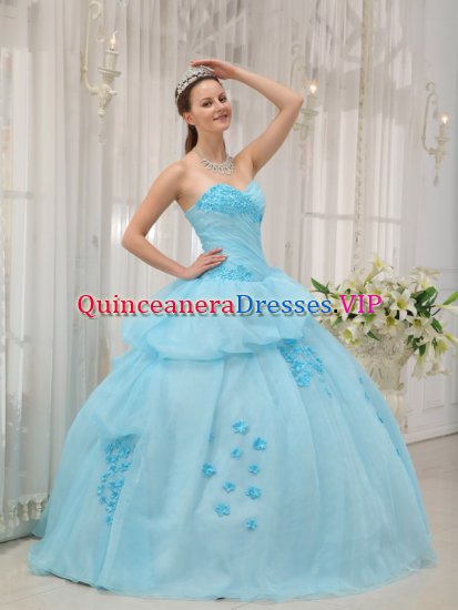Altoona Iowa/IA Inexpensive Light Blue Sweethear Strapless Floor-length Ruched Bodice Sweet 16 Dress For Quinceanera Gown - Click Image to Close