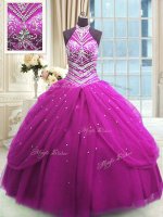 High-neck Sleeveless Tulle Quinceanera Dresses Beading Lace Up