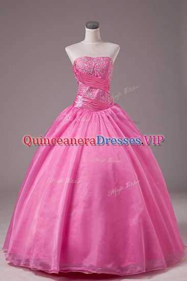 Pretty Rose Pink Ball Gowns Strapless Sleeveless Organza Floor Length Lace Up Embroidery 15th Birthday Dress - Click Image to Close