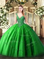 Modest Green Lace Up Quinceanera Dress Beading and Appliques Sleeveless Floor Length