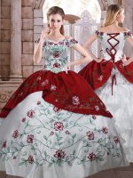 Ball Gowns Quince Ball Gowns White And Red Off The Shoulder Taffeta Sleeveless Floor Length Lace Up