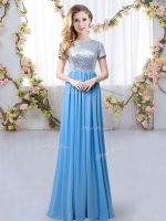 Blue Quinceanera Court of Honor Dress Prom and Party and Wedding Party with Sequins Scoop Short Sleeves Zipper