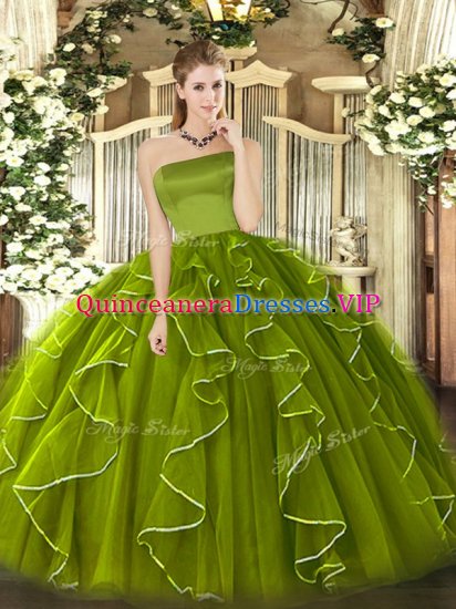 Chic Olive Green Tulle Zipper Strapless Sleeveless Floor Length Quinceanera Dresses Ruffles - Click Image to Close