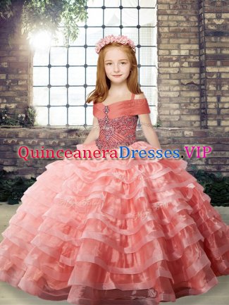 Watermelon Red Organza Lace Up Little Girls Pageant Dress Sleeveless Brush Train Beading and Ruffled Layers