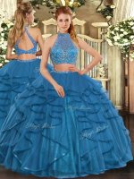 Hot Selling Beading and Ruffled Layers Quinceanera Dresses Teal Criss Cross Sleeveless Floor Length(SKU SJQDDT1025002BIZ)