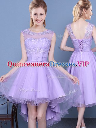 High Quality Scoop Lavender Organza Lace Up Dama Dress for Quinceanera Sleeveless Mini Length Lace