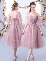 Fantastic Pink Tulle Lace Up Vestidos de Damas Sleeveless Tea Length Lace and Belt(SKU BMT0401CBIZ)