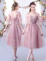 Fantastic Pink Tulle Lace Up Vestidos de Damas Sleeveless Tea Length Lace and Belt