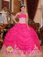 Conwy Gwynedd Beaded Decorate Bodice Lovely Hot Pink Sweet Quinceanera Dress Strapless Organza Ball Gown