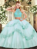 Delicate Apple Green Sleeveless Tulle Criss Cross Quinceanera Gown for Military Ball and Sweet 16 and Quinceanera