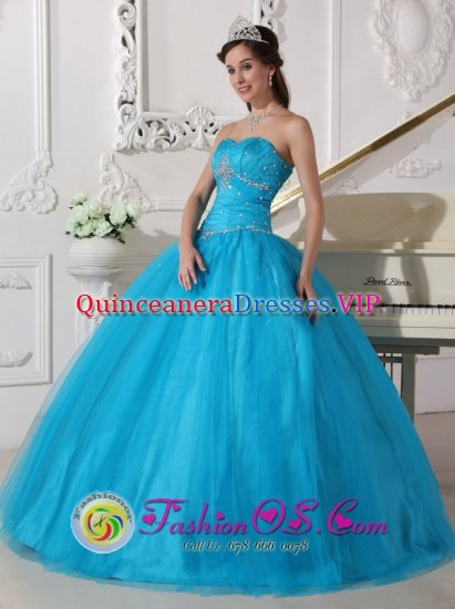 Hattiesburg Mississippi/MS Sweetheart Beaded Decorate Tulle Romantic Teal Quinceanera Dress - Click Image to Close