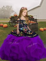 Elegant Purple Ball Gowns Tulle Straps Sleeveless Embroidery and Ruffles Floor Length Lace Up Kids Pageant Dress