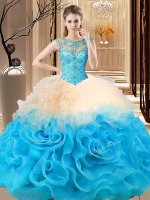 Scoop Sleeveless Fabric With Rolling Flowers Sweet 16 Dresses Beading and Ruffles Lace Up