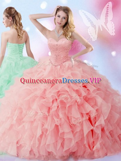 Stylish Organza Sweetheart Sleeveless Lace Up Beading and Ruffles Quinceanera Gown in Watermelon Red - Click Image to Close