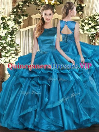 Attractive Teal Organza Lace Up Quinceanera Gowns Sleeveless Floor Length Ruffles
