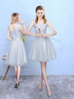 Modest Silver Empire Square Sleeveless Tulle Knee Length Lace Up Lace Quinceanera Court of Honor Dress