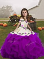 Straps Sleeveless Pageant Dress for Girls Floor Length Embroidery and Ruffles Purple Organza