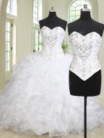 Exceptional White Sleeveless Brush Train Beading and Ruffles With Train Quinceanera Gown