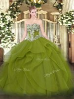 Cute Olive Green Sleeveless Beading and Ruffles Floor Length Dama Dress for Quinceanera