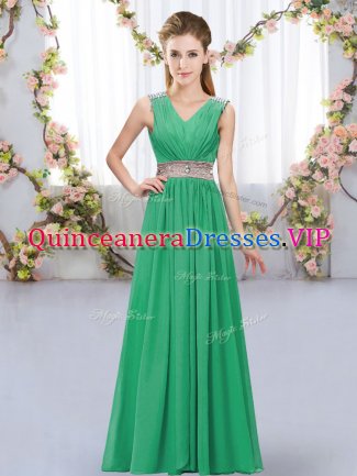 Latest Floor Length Turquoise Quinceanera Dama Dress V-neck Sleeveless Lace Up