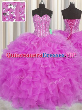 Visible Boning Ball Gowns Quinceanera Dresses Fuchsia Sweetheart Organza Sleeveless Floor Length Lace Up