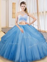 Baby Blue Tulle Criss Cross Sweet 16 Dress Sleeveless Floor Length Beading and Ruching and Pick Ups