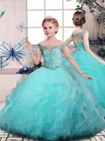 Ball Gowns Pageant Dress Toddler Aqua Blue Off The Shoulder Tulle Sleeveless Floor Length Lace Up