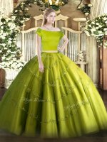 Elegant Olive Green Quinceanera Dresses Military Ball and Sweet 16 and Quinceanera with Appliques Off The Shoulder Short Sleeves Zipper(SKU SJQDDT1580002-3BIZ)