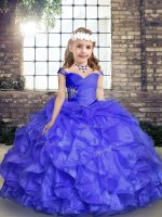 Custom Fit Blue Ball Gowns Organza Straps Sleeveless Beading and Ruffles Floor Length Lace Up Pageant Gowns For Girls