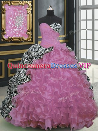Admirable Printed Sleeveless Brush Train Lace Up With Train Beading and Ruffles and Pattern Sweet 16 Dresses