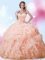 Low Price Sleeveless Organza With Brush Train Lace Up Quinceanera Gowns in Peach with Beading and Ruffles and Pick Ups