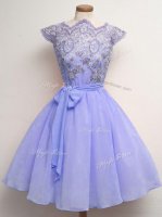 Affordable Lavender Chiffon Lace Up Damas Dress Cap Sleeves Knee Length Lace and Belt(SKU SWBD148-1BIZ)