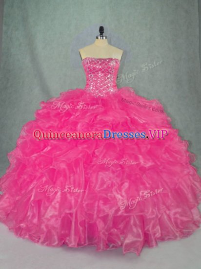 Dazzling Organza Strapless Sleeveless Lace Up Beading and Ruffles 15th Birthday Dress in Hot Pink - Click Image to Close
