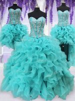 Top Selling Four Piece Floor Length Lace Up Sweet 16 Dresses Aqua Blue for Military Ball and Sweet 16 and Quinceanera with Beading and Ruffles