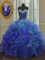 Blue Sleeveless Floor Length Beading and Ruffles Lace Up Quinceanera Dresses