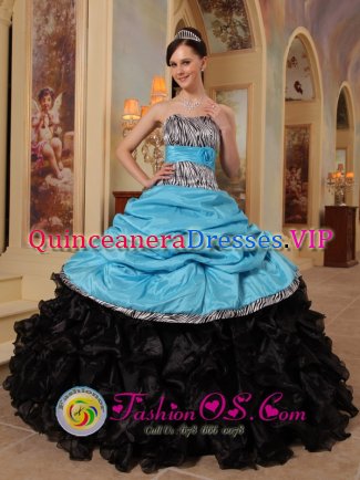 Aque Blue and Black Zebra Ruffles and Sash Eching Germany Safford strapless Quinceanera Dresses With Pick-ups For Graduation