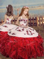 Red Straps Lace Up Embroidery and Ruffles Kids Pageant Dress Sleeveless