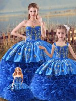 Dynamic Royal Blue Ball Gowns Straps Sleeveless Satin and Fabric With Rolling Flowers Brush Train Zipper Embroidery and Ruffles Ball Gown Prom Dress