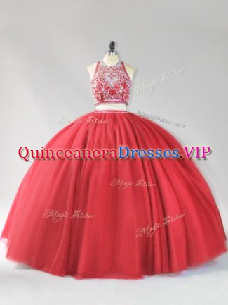 Fantastic Sleeveless Floor Length Beading Backless Vestidos de Quinceanera with Red