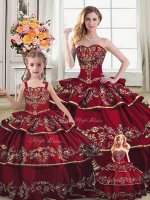 Fabulous Floor Length Lace Up Sweet 16 Quinceanera Dress Wine Red for Sweet 16 and Quinceanera with Embroidery and Ruffled Layers
