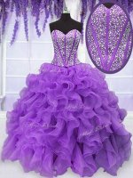 Sweetheart Sleeveless Sweet 16 Dress Floor Length Beading and Ruffles Purple Organza