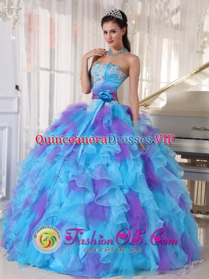 sweetheart neckline Bodice Baby Blue and Purple Appliques Decorate Ruffles Hand Made Flower For Westland Michigan/MI Quinceanera Dress - Click Image to Close