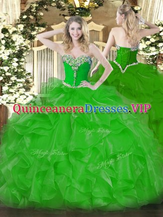 Sweet Organza Sweetheart Sleeveless Lace Up Beading and Ruffles Sweet 16 Dresses in Green