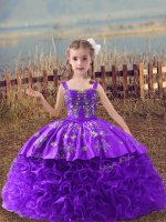 Lavender Pageant Dress for Teens Wedding Party with Embroidery Straps Sleeveless Sweep Train Lace Up