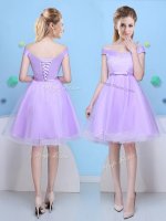 Charming V-neck Cap Sleeves Tulle Quinceanera Court of Honor Dress Bowknot Lace Up