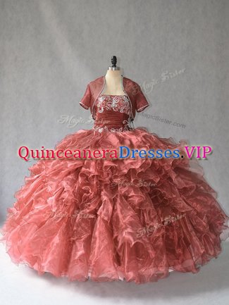 Red Lace Up Strapless Beading and Ruffles Quinceanera Dresses Sleeveless