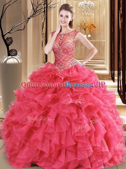 Stunning Coral Red Quinceanera Dress Military Ball and Sweet 16 and Quinceanera with Beading and Ruffles Scoop Sleeveless Lace Up - Click Image to Close