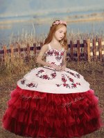 Red Straps Lace Up Embroidery and Ruffled Layers Little Girl Pageant Gowns Long Sleeves