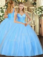 Aqua Blue Lace Up Sweet 16 Quinceanera Dress Beading Sleeveless Floor Length